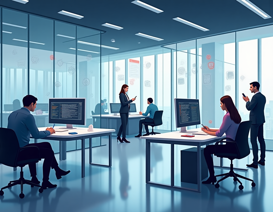 Escritório corporativo moderno com dashboards de dados em telas que parecem sob controle, mas ao fundo surgem planilhas impressas e conversas no celular, simbolizando os riscos invisíveis no tratamento de dados.