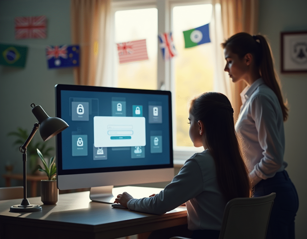 Adolescente em frente ao computador bloqueado por verificação de idade, com presença de um adulto ao fundo e bandeiras de países pela janela.