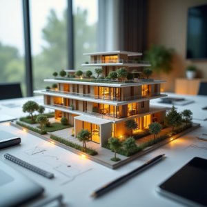 Maquete de empreendimento residencial sobre mesa com prancheta, planta arquitetônica e ícones discretos de fluxo de dados e cadeado em sobreposição